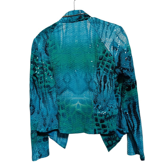 Frank Lyman Design Turquoise Python Snake Print Open Front Moto Jacket Gold Zips - Picture 5 of 14